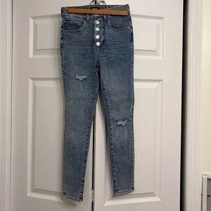 Express Light Wash High Waisted Button Fly Ripped Skinny Jeans, Size 00 Short